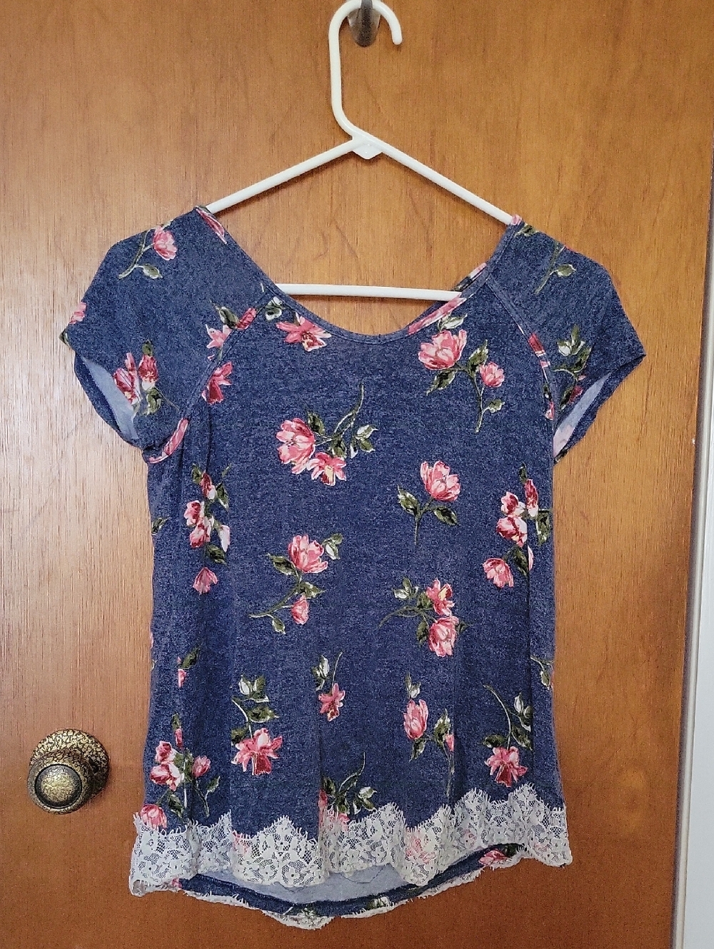 Rewind Blue Short Sleeve Top with Pink Floral Print and Lace Hem